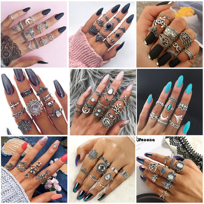 Boho Finger Jewelry Crown Geometric Rhinestone Leaf Women Ring Sets Hollow Stacking Finger Rings Vintage Silver Color