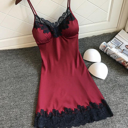 Spring New Sexy Satin Nightdress Women Plus Size Solid Color Lace Lingerie with Chest Pads Sleepwear Pijama Hombre 2020 Hot Sale