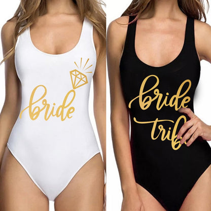 Bride Tribe Print One Piece Swimsuit For Women Bathing suit Lining Bikini Wedding Party Backless Beachwear Bikini