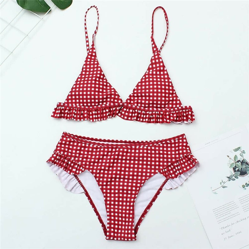 Sexy Plaid Bikini 2022 Red Green Plaid Bathing Suits Swimwear Ruffles Push Up Triangle Swimsuits Beachwear Women Swimming Suits