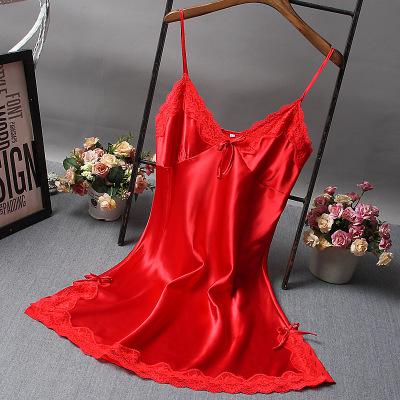 Lace Deep V-neck Nightdress Sexy Lingerie Nightgowns Sleepwear Night Dress Women Sleeveless Nightwear Faux Silk Satin Nightshirt