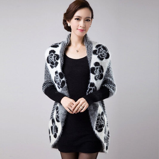 Back Long Knitted Printed Shawl Open Stitch Jacquard Sweater