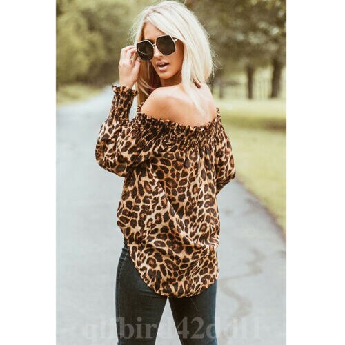 Leopard Print Long Sleeve Off Shoulder Blouses