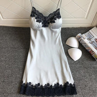 Spring New Sexy Satin Nightdress Women Plus Size Solid Color Lace Lingerie with Chest Pads Sleepwear Pijama Hombre 2020 Hot Sale