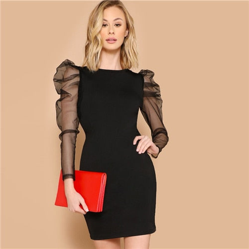 Glamorous Black Sheer Contrast Mesh Gigot Sleeve Pencil Plain Slim Dress