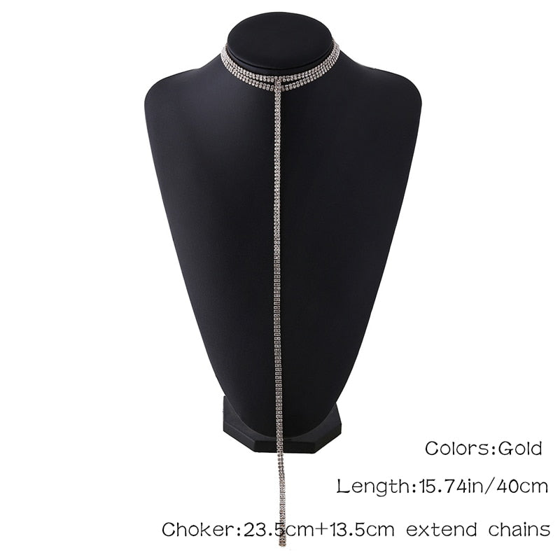 Rhinestone Double Lariat Chain Pendant 90s Collier Women Choker Necklaces