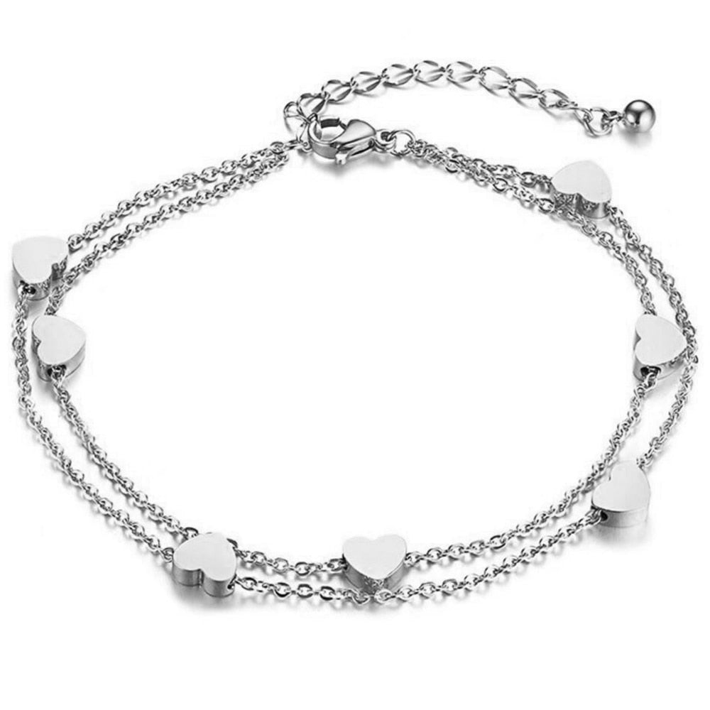 Fashion Heart Double layer Bracelet&Anklet For Women Adjustable Temperament Stainless Steel Chain Bracelets
