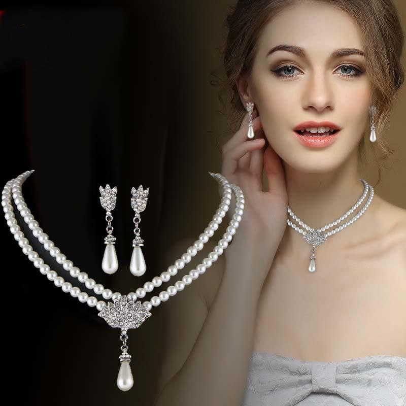 TREAZY Elegant Simulated-pearl Bridal Jewelry Sets Rhinestone Pearl Drop NECKLACE+EARRINGS Wedding Jewelry Sets for Women Gifts