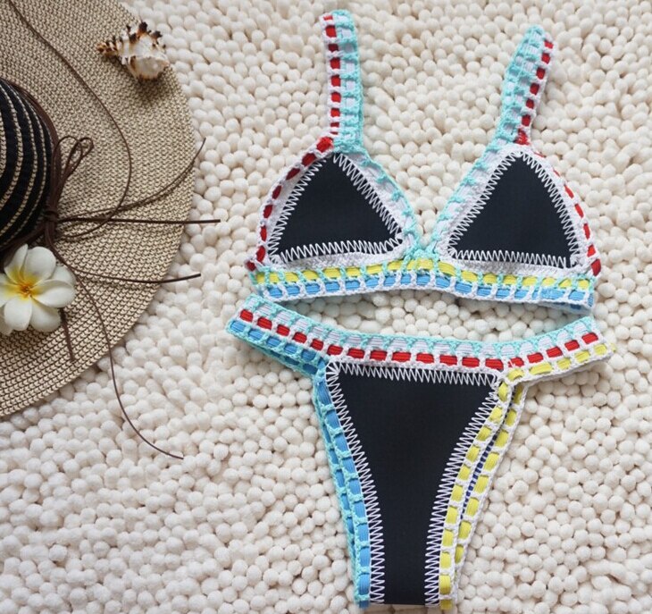 Hand Crocheted Bikini Knit Patchwork Women 2 Piece Swimsuit Halter Top Brazilian Bathing Suit