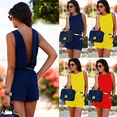 New Women Summer Playsuit Bodycon Clubwear Evening Party Blackless Jumpsuit  Pocket Romper Trousers Yellow Blue Red