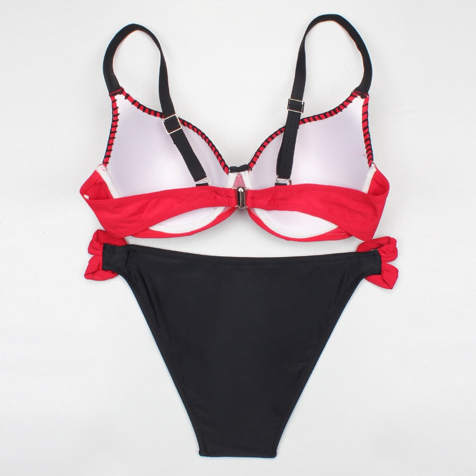 Red Push Up Bikini Set Plus Size Women Swimwear Sexy Padded Adjustable Strap Bordered Bikinis