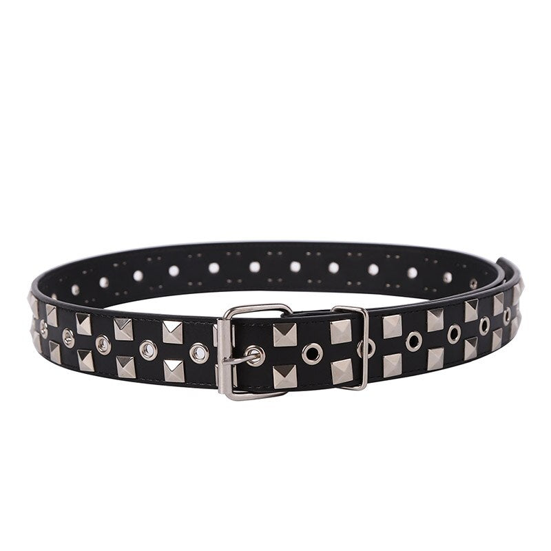 Black Metal Pyramid Studded Leather Belt For Women