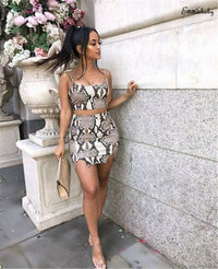 Two Pieces Sexy Women Snakeskin Printed Slim Clothes Set Crop Top+Skirt 2PCS Women Girl Bandage Bodycon Party Clubwear MiniSkirt