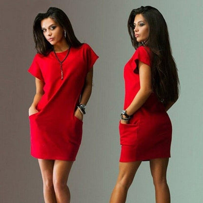 New Women Pocket Loose Casual Female Dress Summer Dress For Women Short Sleeve O Neck Mini Dress Office Lady Work Dress Vestidos