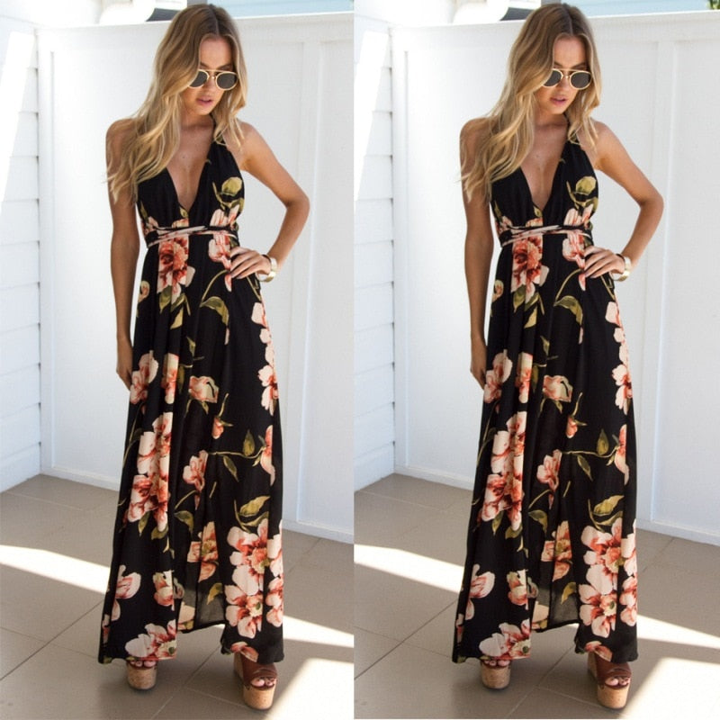 Summer dress 2020 Floral Vestidos Mujeres Sexy Maxi Dress Long Pleated Dresses Backless robe femme robe longue evenning-dress