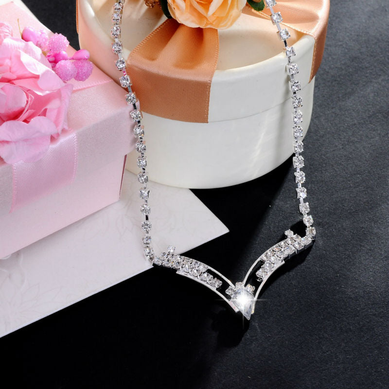 TREAZY Women Sparkling V Shaped Rhinestone Crystal Necklace Earrings Set Charm Silver Plated Wedding Bridal Jewelry Set