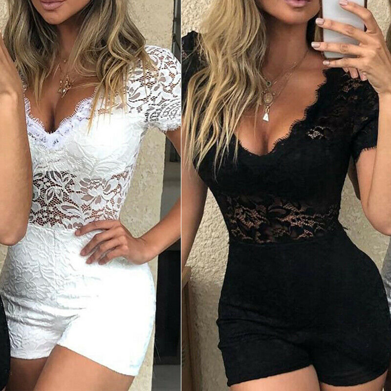 V Neck Short Sleeve Lace Bodycon Jumpsuit Rompers