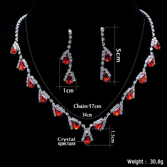 TREAZY Fashion Red Crystal Teardrops Bridal Jewelry Set Necklace Earrings Brides Wedding Jewelry Set Party Costume Accessories