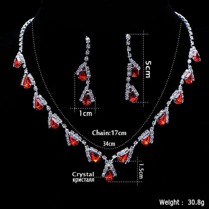 TREAZY Fashion Red Crystal Teardrops Bridal Jewelry Set Necklace Earrings Brides Wedding Jewelry Set Party Costume Accessories