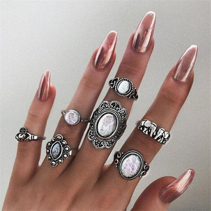 Boho Finger Jewelry Crown Geometric Rhinestone Leaf Women Ring Sets Hollow Stacking Finger Rings Vintage Silver Color