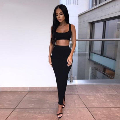 women ribbed knit two piece set long skirt crop tank top sexy elegant festival matching co ord clothes party 2019 summer outfits