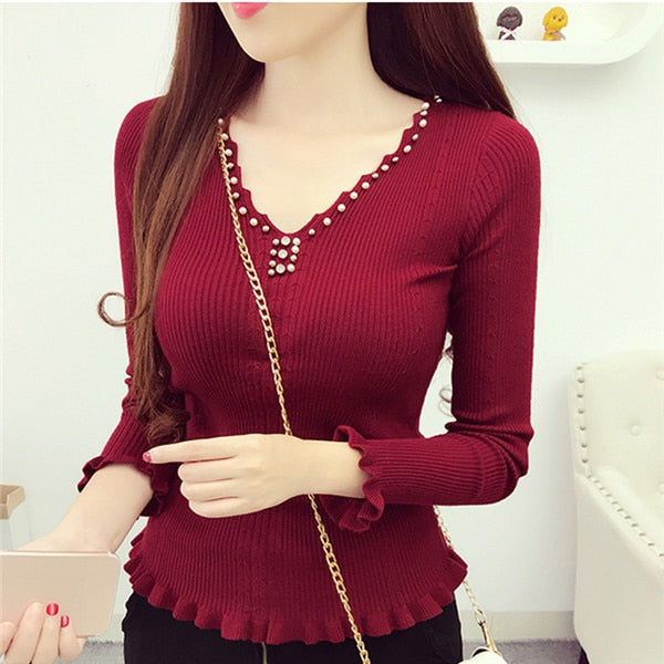 V-neck Knitted Tops Solid Slim Elasticity Knit Pullover Sweater Female