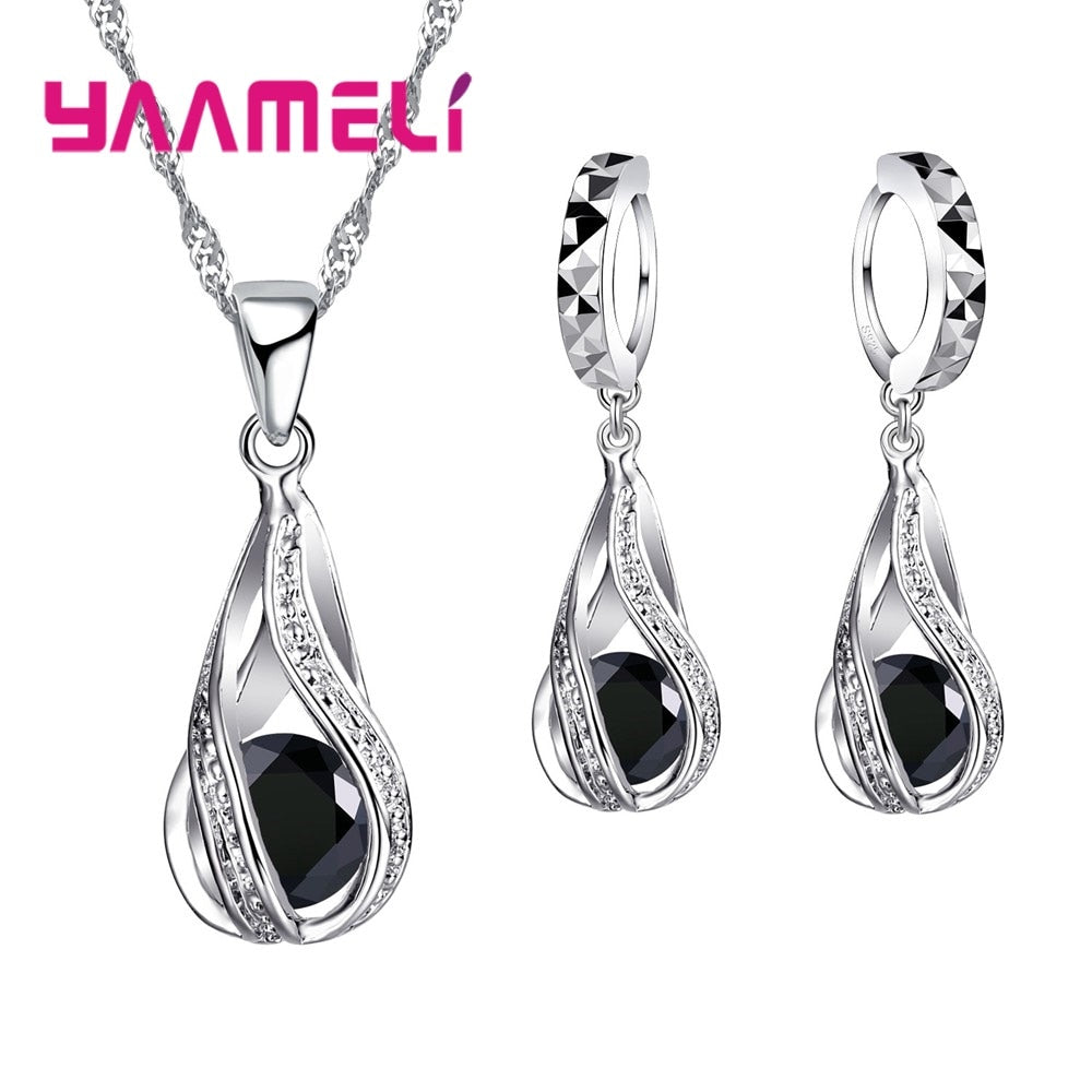 Hot Water Drop CZ 925 Sterling Silver Jewelry Set For Women Pendant Necklace Hoop Earrings Wedding Party Ceremoey Anel