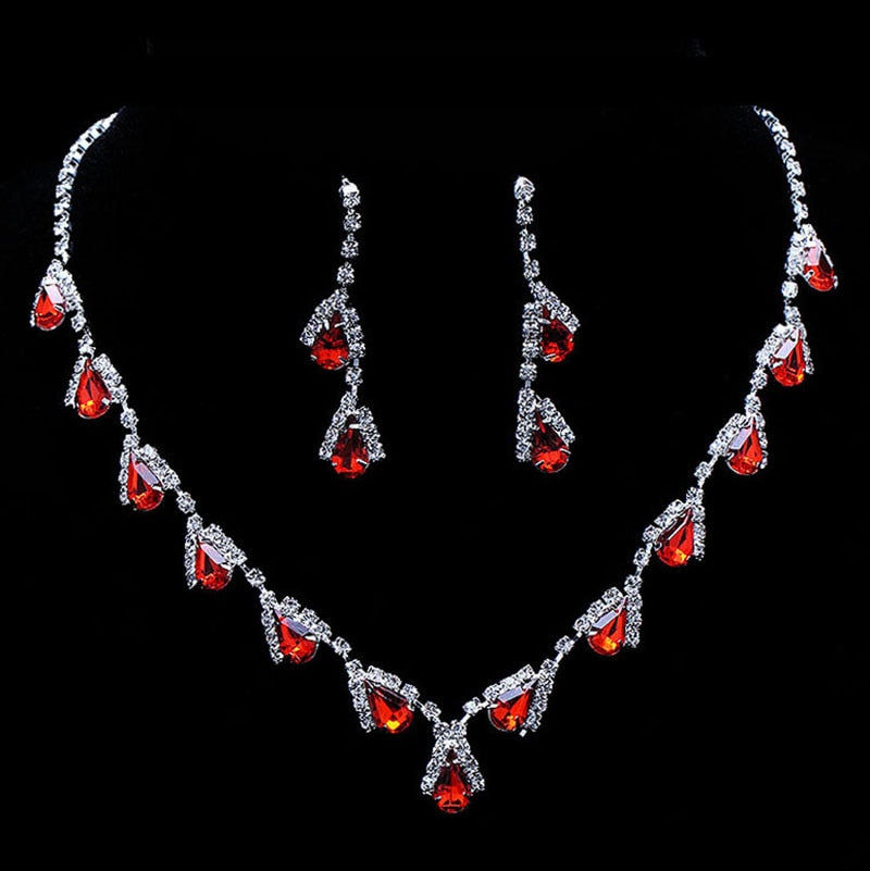 TREAZY Fashion Red Crystal Teardrops Bridal Jewelry Set Necklace Earrings Brides Wedding Jewelry Set Party Costume Accessories