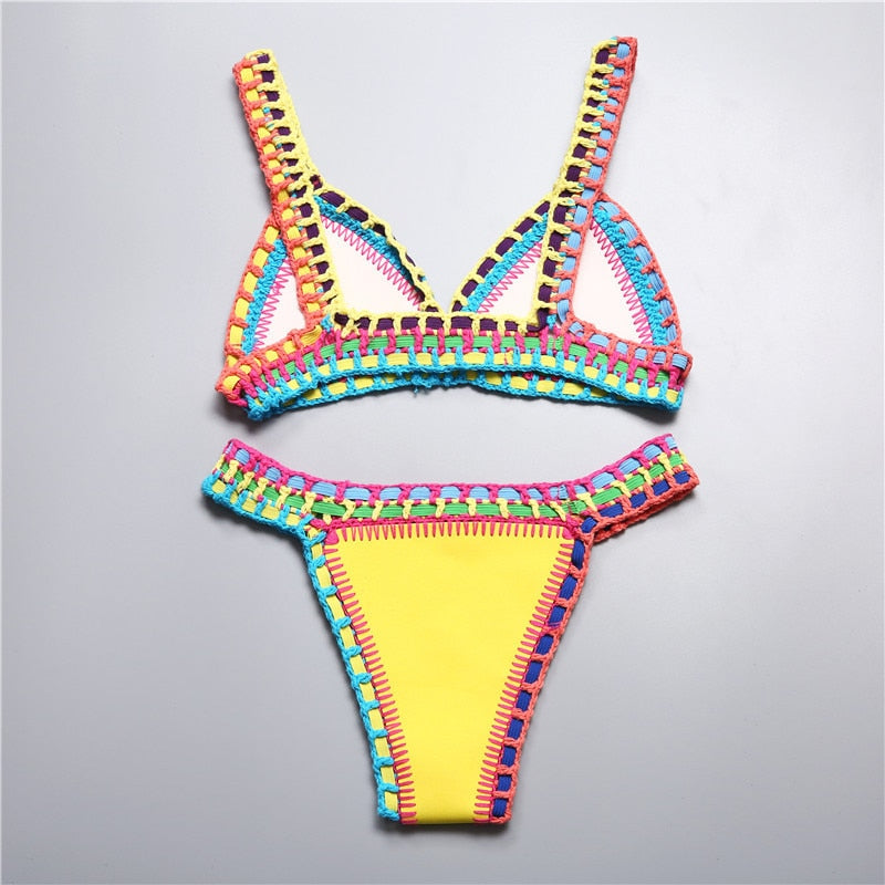 Hand Crocheted Bikini Knit Patchwork Women 2 Piece Swimsuit Halter Top Brazilian Bathing Suit