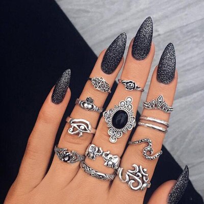 Boho Finger Jewelry Crown Geometric Rhinestone Leaf Women Ring Sets Hollow Stacking Finger Rings Vintage Silver Color