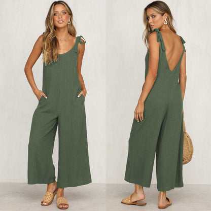 Summer Women Sleeveless Rompers Loose Jumpsuit O Neck Casual Backless Overalls Trousers Wide Leg Pants 4 Color S-XL