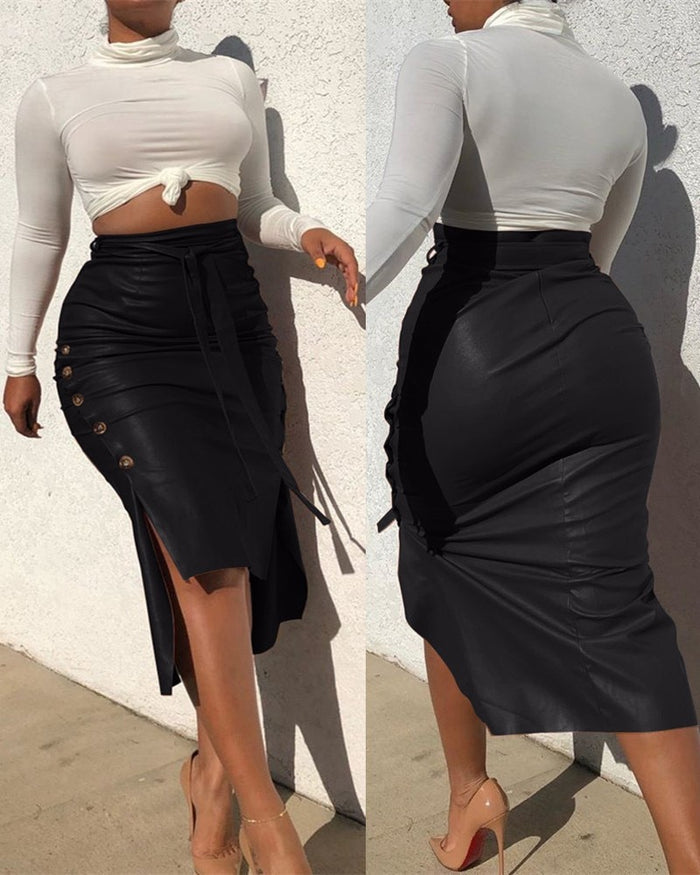 High Waist Lace-up Side Button Slim Skinny Pencil Skirt