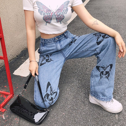 Women&#39;s High Waisted Jeans Butterfly Print Straight Wide Leg Denim Pants Baggy Loose Casual Trousers Streetwear