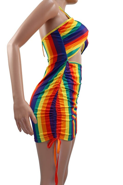 Sexy Rainbow Striped Tie Dye Halter Bodycon Dress Backless Women&#39;s Boobs Wrap Pencil Mini Dresses Party Night Clubwear Summer