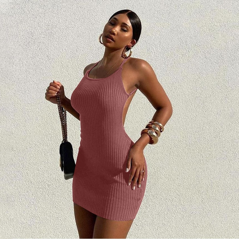 Ribbed Knitted Stripe Women Strap Mini Dress