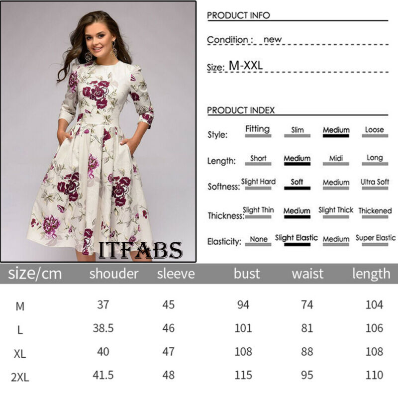 Women Retro Tunic 3/4 Long Sleeved Floral Print Bodycon Dresses Vintage Dress Elegant Ladies Dress