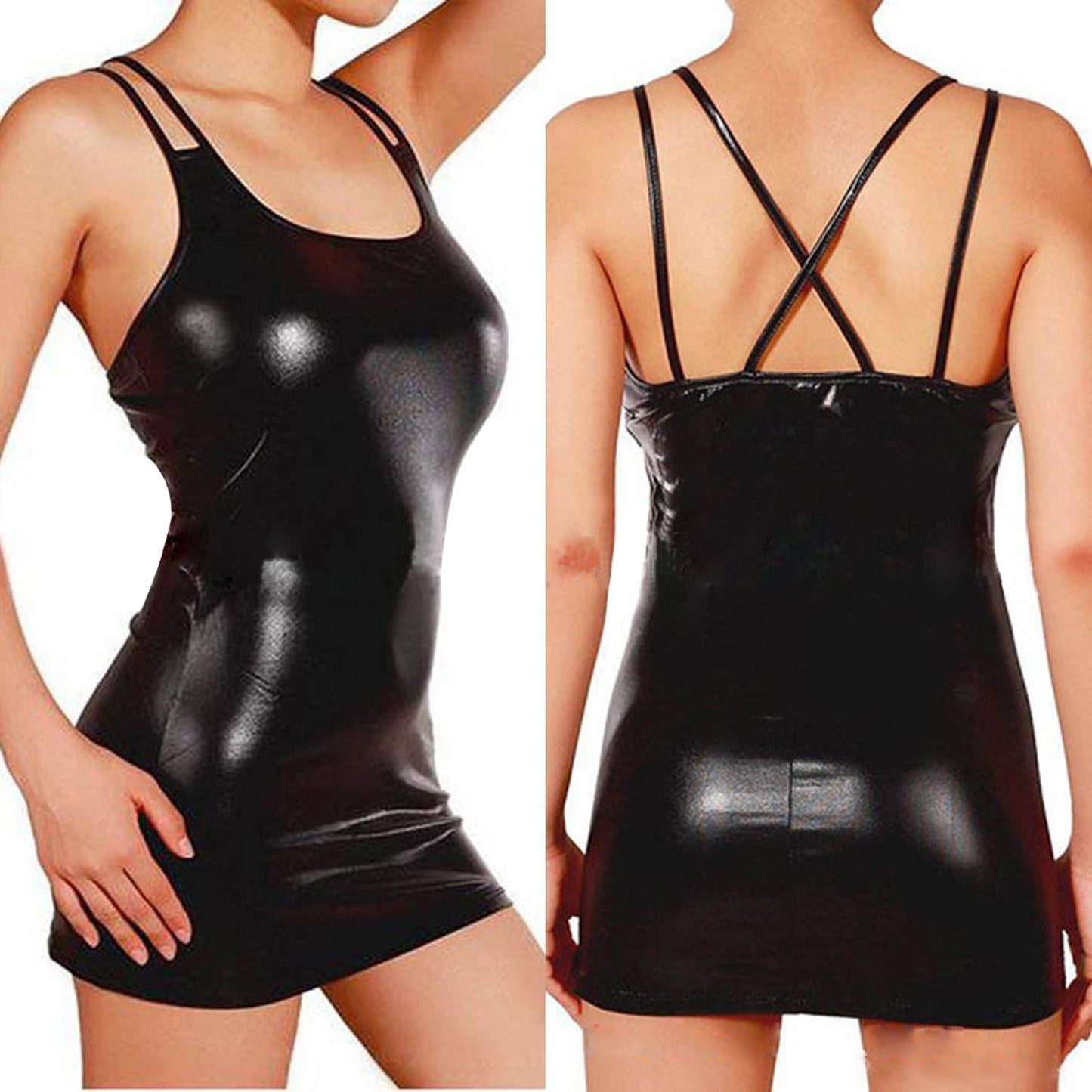 Sexy Erotic Hot Pu Metallic Leather Mini Dress For Women Clubwear Nightwear Zipper Tight Porn  Wetlook Women Cotillon Dress