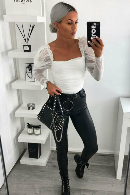 Long Sleeve Ruched Square Neck Strap See through Tops Blouse