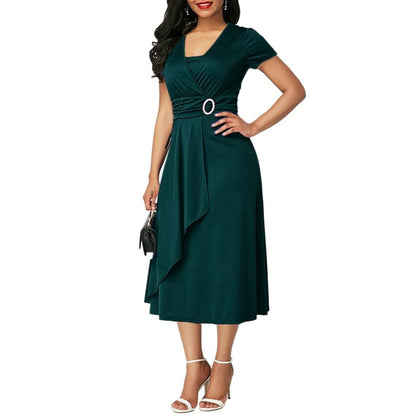 Plus Size Women Short Sleeve V Neck Asymmetric Hem Waist Tight Midi Party Dress