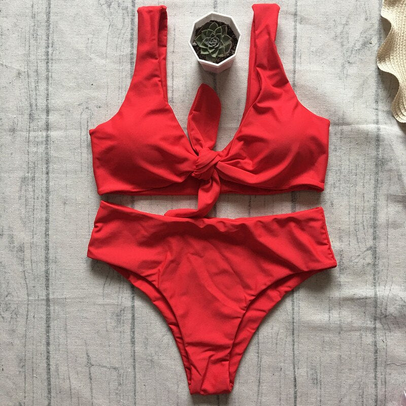 Solid Red Backless Push Up Padded Brazilian Front Tie Bathing Suit Swimsuit