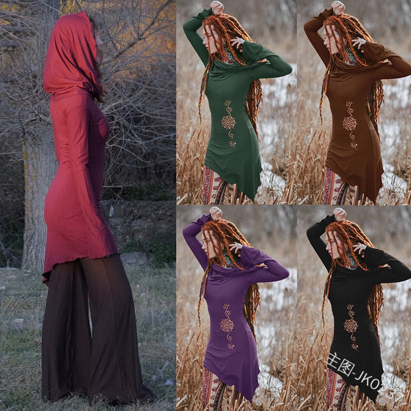 Cut Out Pixie Backless Sexy Long Dress with Big Hooded Medieval Gothic Women Floor Length Dress Slim Cross Bandage S-5XL