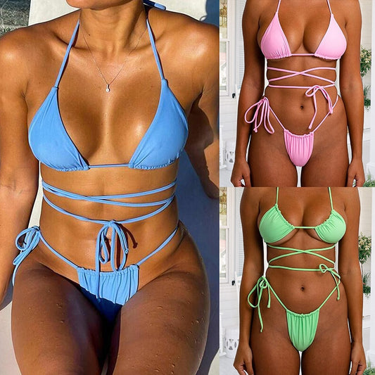 Push-up Bra Bikini Set Solid Color Bandage Swimming Suit Outdoor Summer Beachwear Bathing Suit