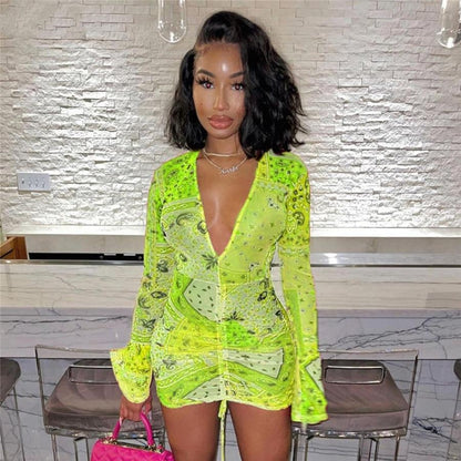 NIBBER Summer Sexy Retro Print Neon Dress Women's V-neck Long Sleeve Fashion Clothing Casual Party Bodycon Mini Dress 2021 New