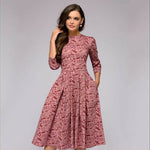 Spring AutumnOffice Lady Knee Length Elegant Vintage Long Sleeve Party Dresses Women Floral Printed Dress