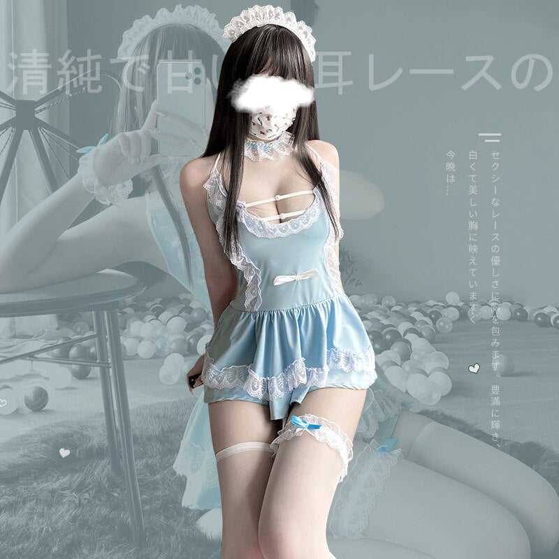 Sexy Lingerie Women Kawaii Maid Uniform Cosplay French Servant Lolita Blue Costume Babydoll Bow-knot Dress Erotic Role Play