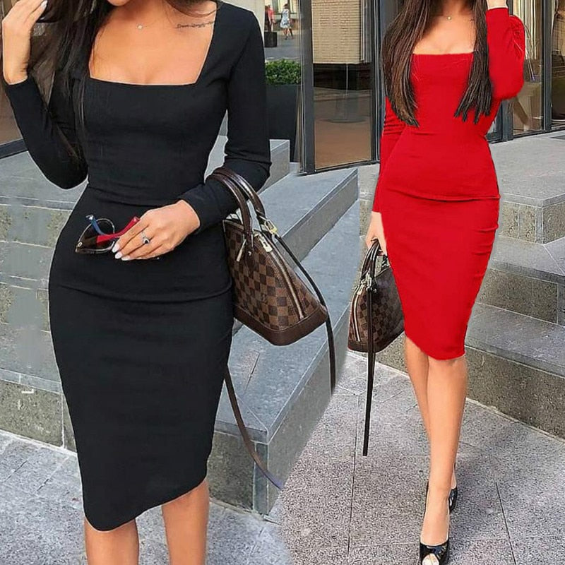 Long Sleeve Solid Bodycon Mid Dress