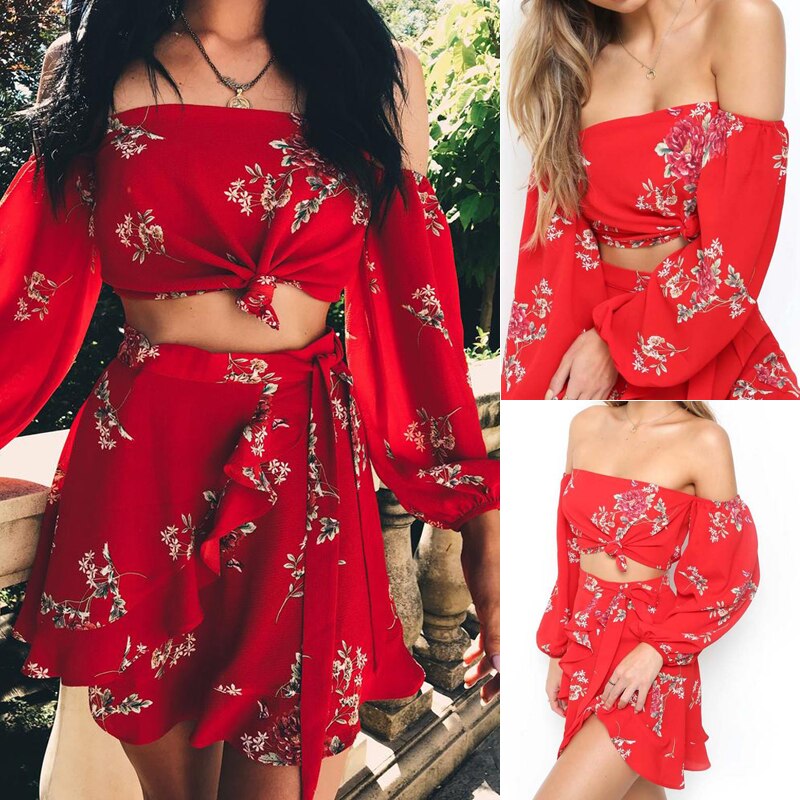 Summer Fashion Women Red One Shoulder Beach Dresses Bandage Bandeau Floral Crop Top Short Skirt Outfit Sundress Two Piece Set
