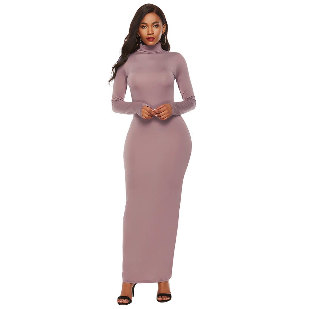 S-5XL Plus Size Party Solid Color Women Long Sleeve Turtleneck Bodycon Maxi Dress Autumn Winter Slim Sexy Dresses Apricot/Black/