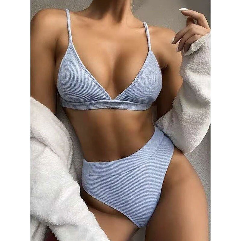 High Waist Bikinis Swimsuits Push Up Swimwear Women Strap Bathing Suit Women Solid Bikini Set