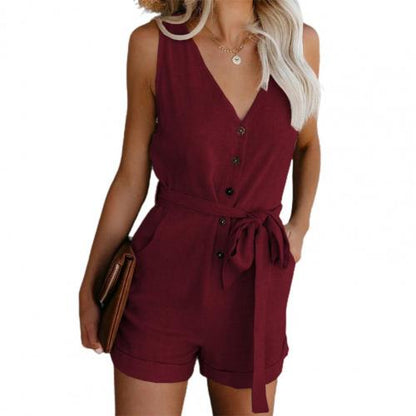 Women Playsuit 2021 Summer V Neck Sleeveless Button Belt Bow Casual Jumpsuit Solid Romper Elegant Tunic Short Overalls